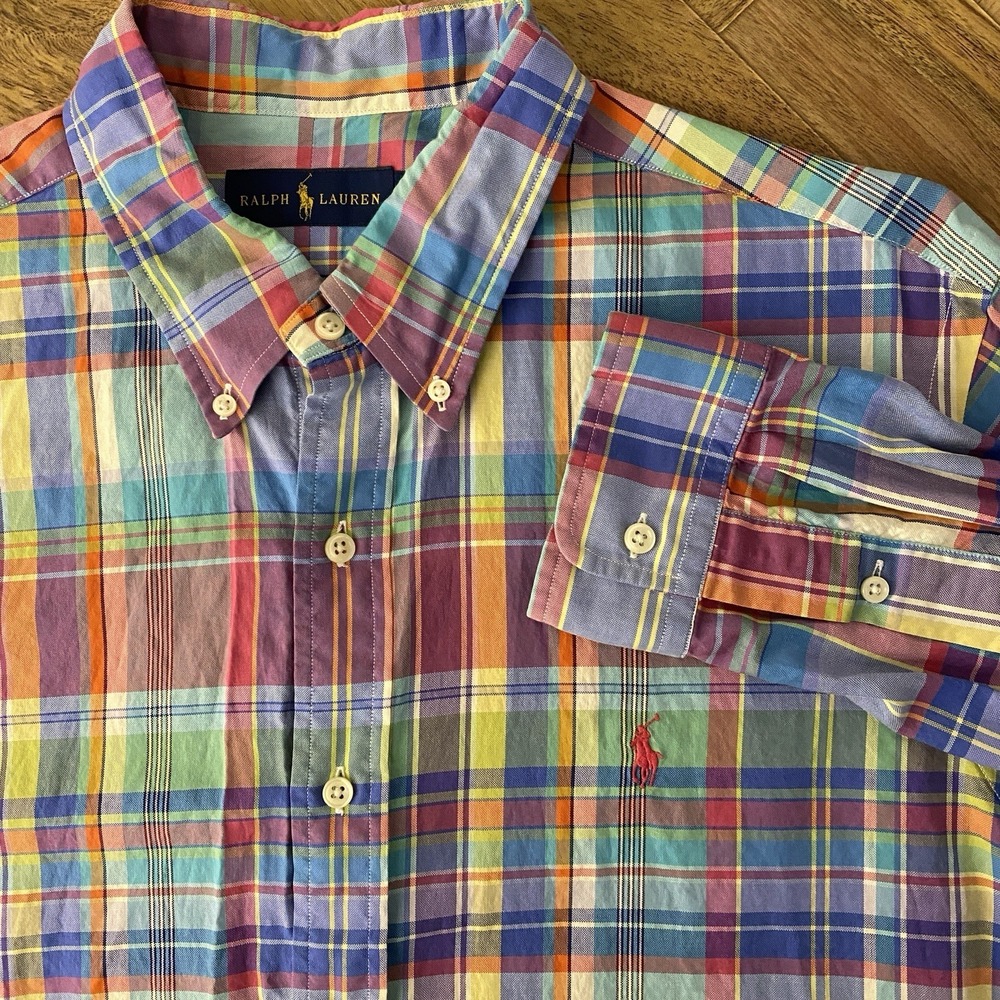 Ralph Lauren Button Down Mens XL Plaid Colorful Long Sleeve Cotton